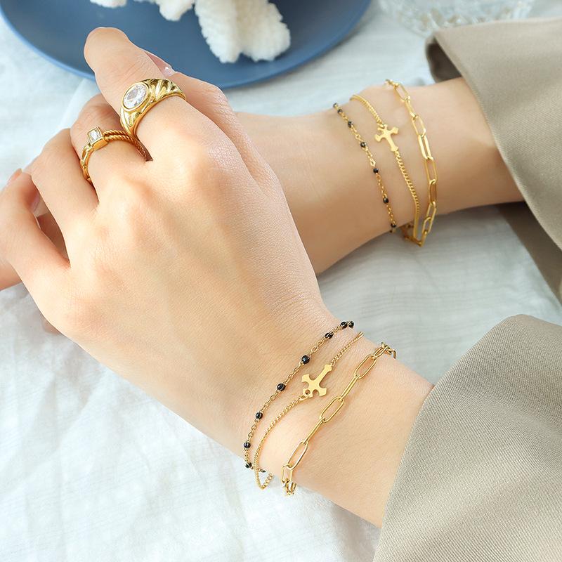 European-Inspired Light Luxury 18K Gold Cross Bracelet - Three-Layer Titanium Steel Design for Best Friends