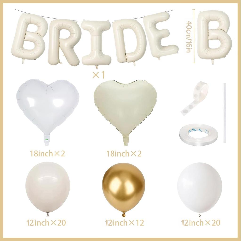 Globo de Letra Blanco BRIDE Corazón y Globos de Látex Dorados Metálicos Set Bachelorette Fiesta Preboda Decoraciones