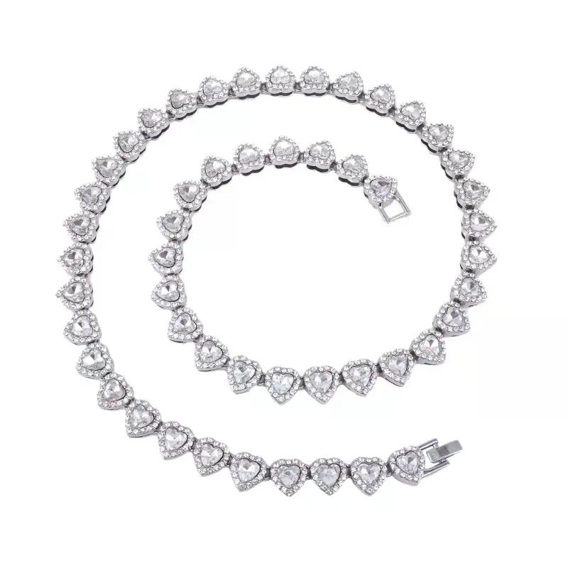 45CM New Hip Hop Tennis Chain Bracelet Necklace Shiny Heart Rhinestone CZ Fashion Rock Party Jewelry