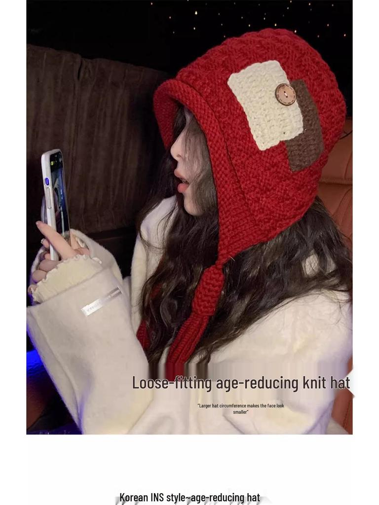 2025 Mode Roter Wollquastenhut: Damen Handgemacht Warm Zopfstrick für Herbst & Winter