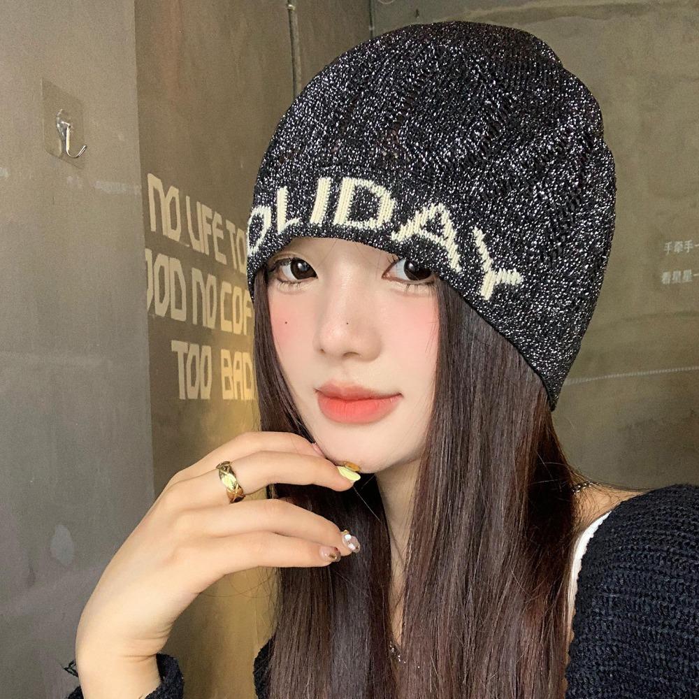 Vintage Letter Beanie Hat Hollow Knitted Pullover Hat Fashion Sequin Knitted Hat  Winter