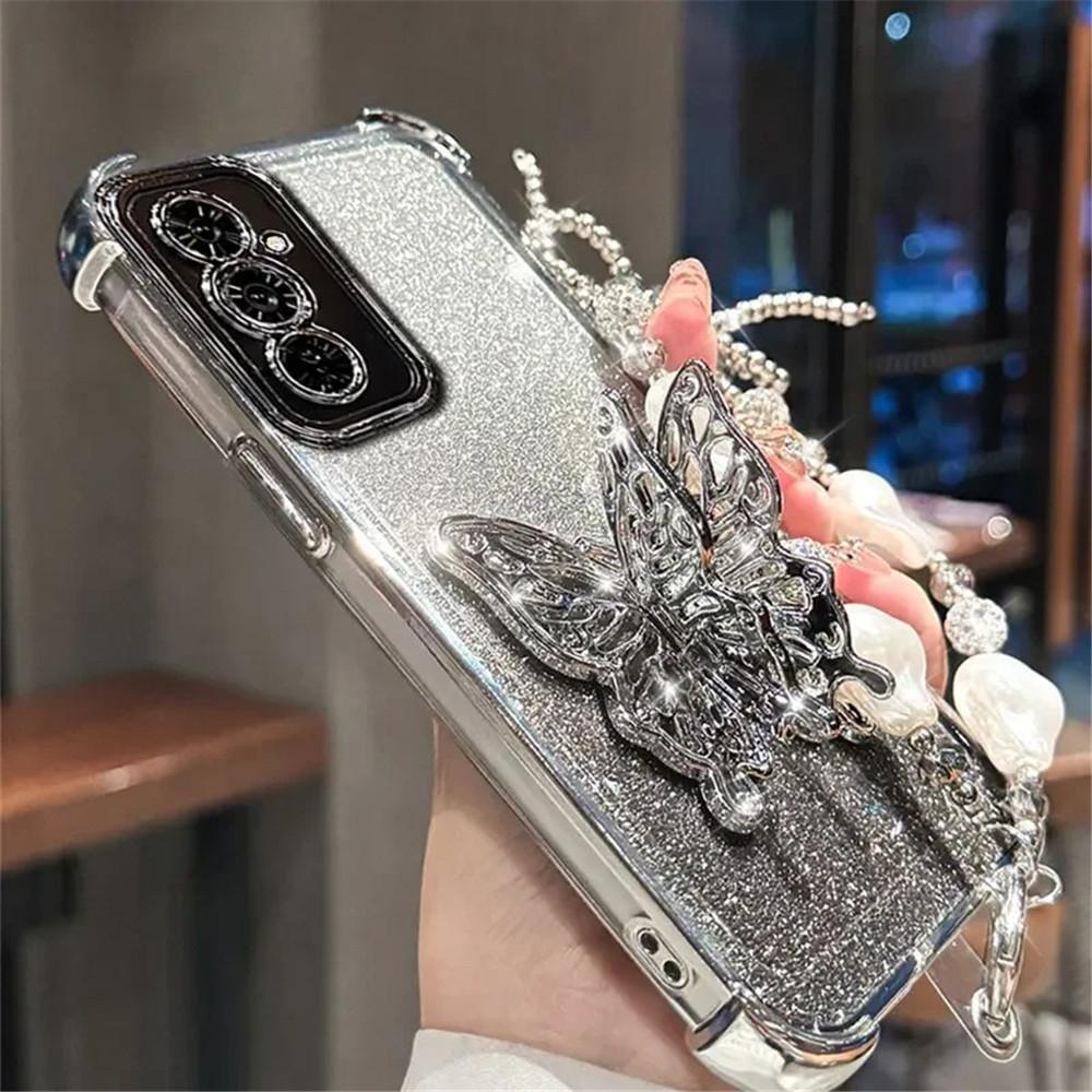 Pearl Bracelet Butterfly Stand Phone Case For Samsung A51 A31 A21S A50 A20 A30 A10S A70 A71 A11 M56 Glitter Shockproof Cover