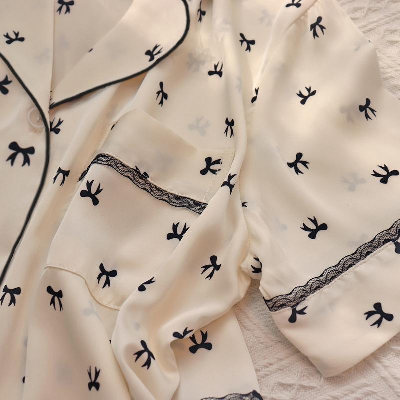 Summer Short-Sleeved Pajamas Women'S Sweet Style Full Print Bow Print Loungewear Two-Piece Set