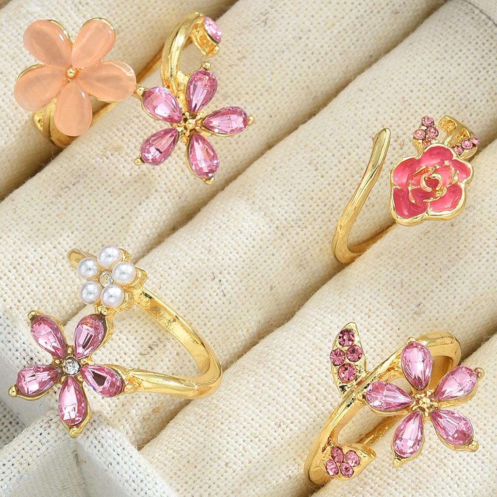 4 Stück Schönes Rosa Rosenblüten Verstellbares Ring Set Mode Falsche Perle Diamant Dekor Fünfblättrige Blumige Ringe Für Damen Schmuck Geschenk