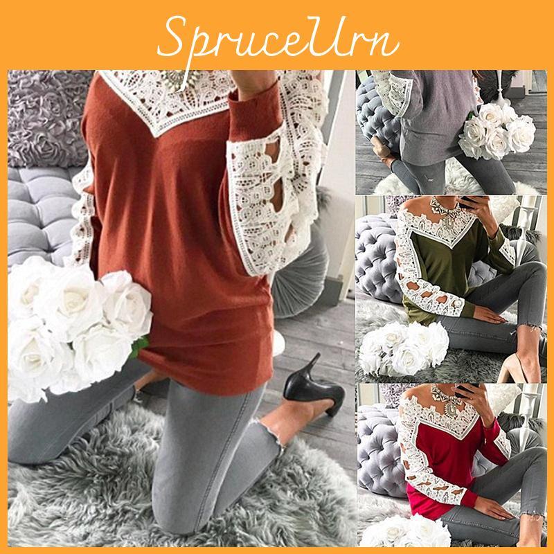 Elegant Sexy Lace Stitching Off Shoulder Crochet Blouse With Hollow Long Sleeves