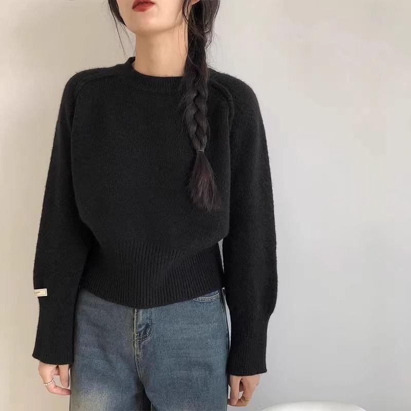 New Korean Chic Round Neck Loose Sweater Women Winter Solid Bottoming Shirt Knitted Tops Simple Design Casual Pullover