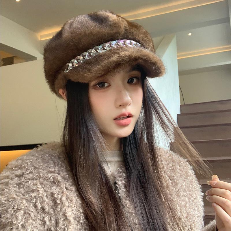 Autumn and Winter Beret Cap Women's Imitation Mink Hair Thermal Ear Protection Hat Versatile Casual Retro Octagonal Hat Painter Hat