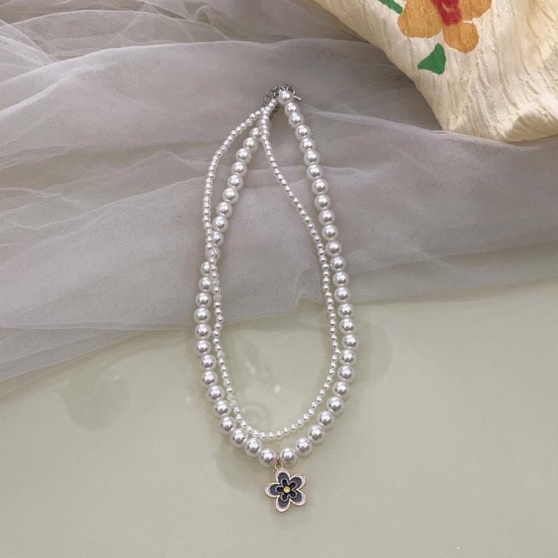 Y2K Style Double Layered-Pearl Clavicle Chain Flower Pendant Choker Necklace Fashion Jewelry Gift Dainty Beaded Necklace