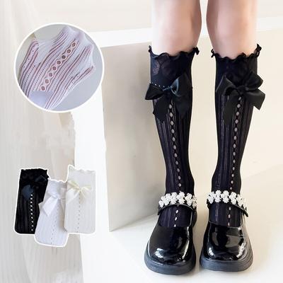 1 Pair Kid Girl Knee High Sock  Summer Thin Breathable Calf Sock for Toddler Girl Lace Big Bow Hollow Sock for 3-12T