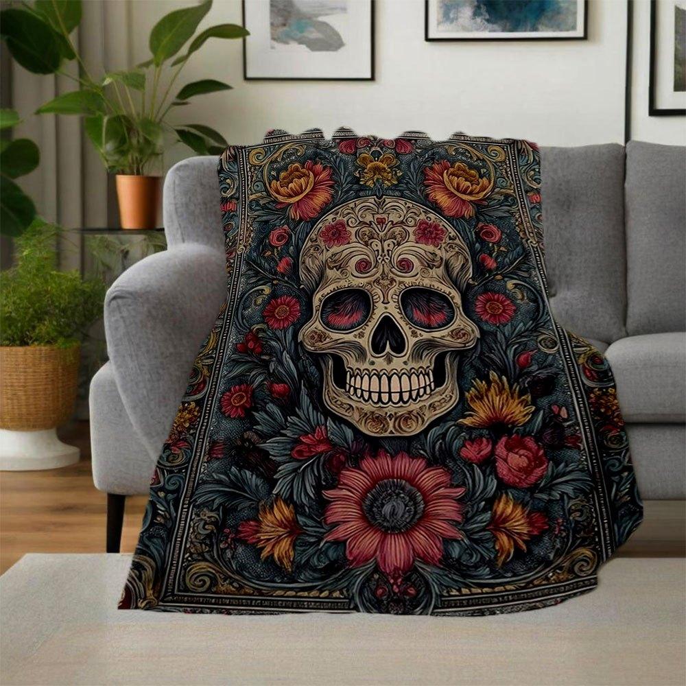 Day of the Dead Sugar Skull Art PrintBlanket Flannel Throw Blanket for Sofa, Bed, Travel, Camping, Office, Couch, Chair, And Bed Gift for Ch