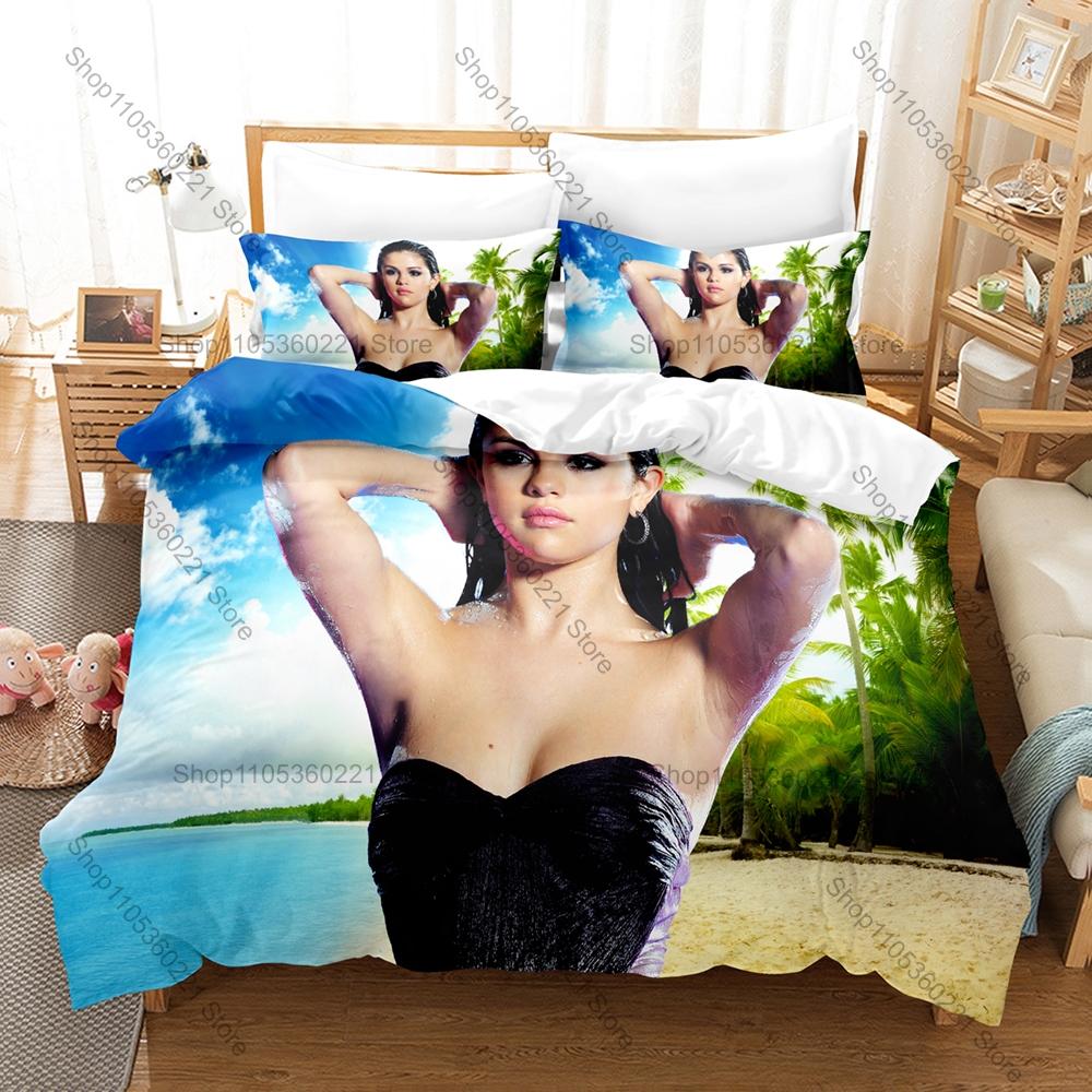 Pop Star Selena Gomez Bedding Set Duvet Cover & 2 Pillowcases Fashion Character Print Comfortable Bedroom Supplies
