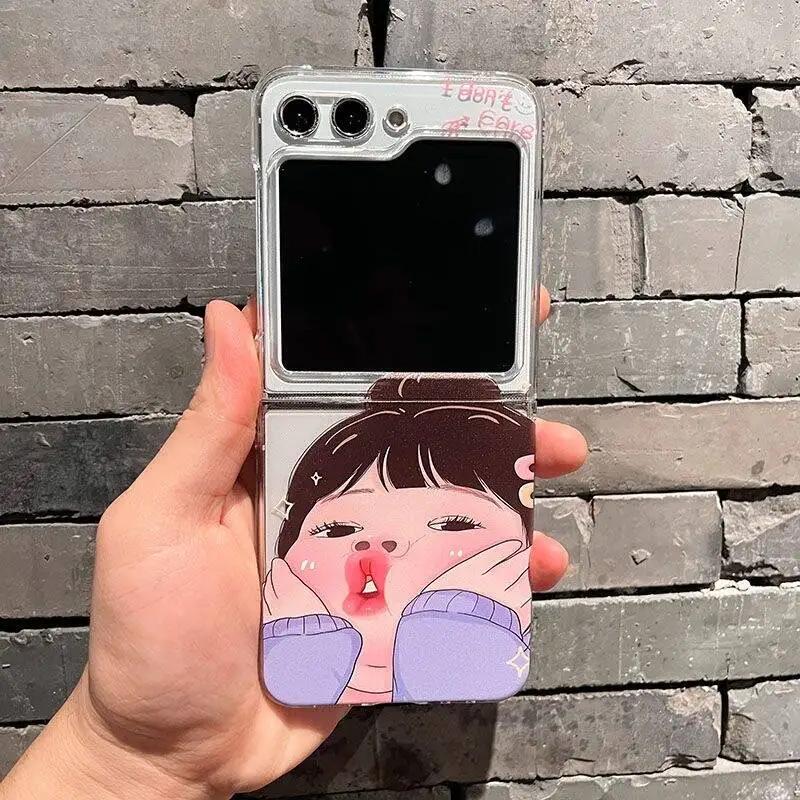 Touching Face And Pouting Mouth Girl Phone Case For Samsung Galaxy Z Flip 6 5 4 Transparent Hard Cover For Z Flip 3 Clear Fundas