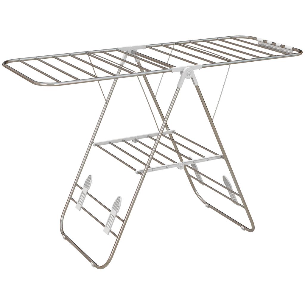Clothes Airer 1.48 M Drying Length Portable Standing Dryer with Telescopic Rods, Wing Clothes Airer Clothes Dryer for Indoor and Outdoor, Silver+White