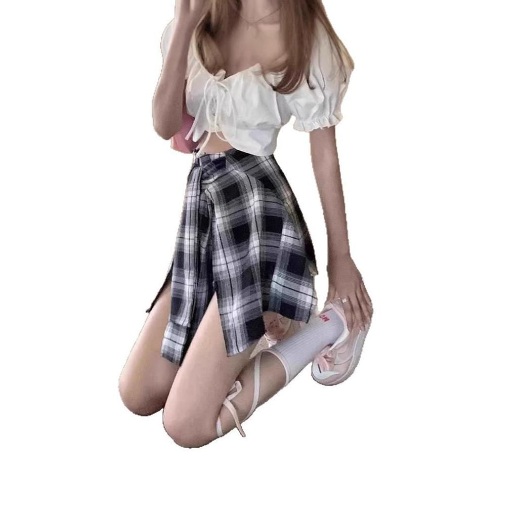 Jupe-Shorts Plissée Irrégulière Rétro à Carreaux Taille Haute 2025 pour Femmes
