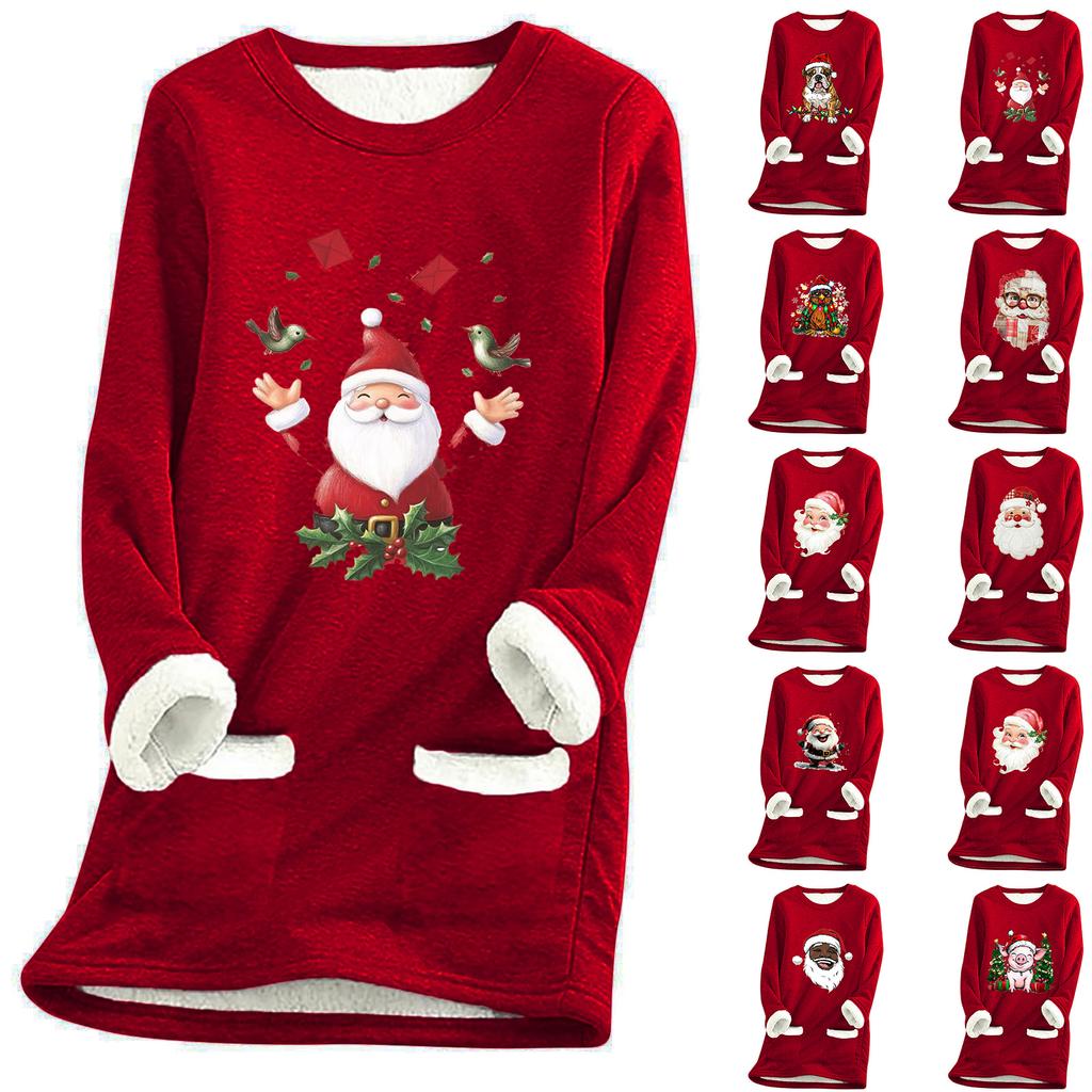 Ladies' Loose And Comfortable Round Neck Christmas Print Thick With Pockets Long Sleeved Top