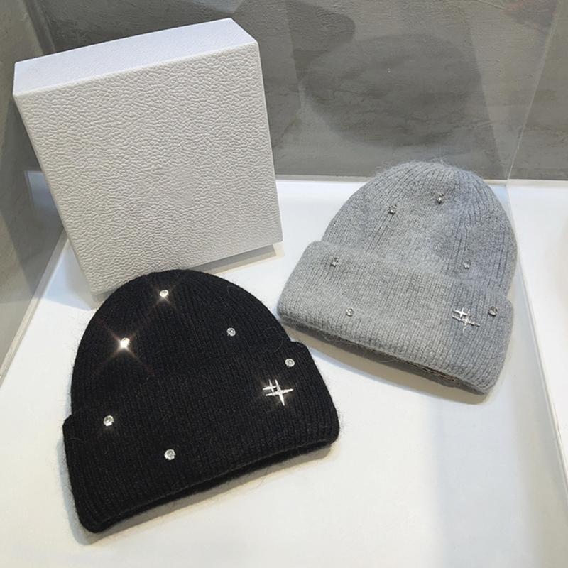 Acrylic Fibre Knitted Brimless Hat with Rhinestones Decors Winter Warm Skull Cap For Women Teens Girl Daily Outfit