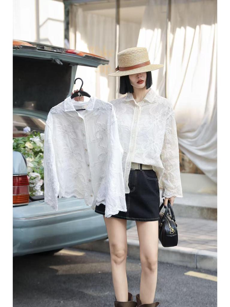 Korean Style Casual Embroidered Long Sleeve Shirt with Irregular Polo Collar