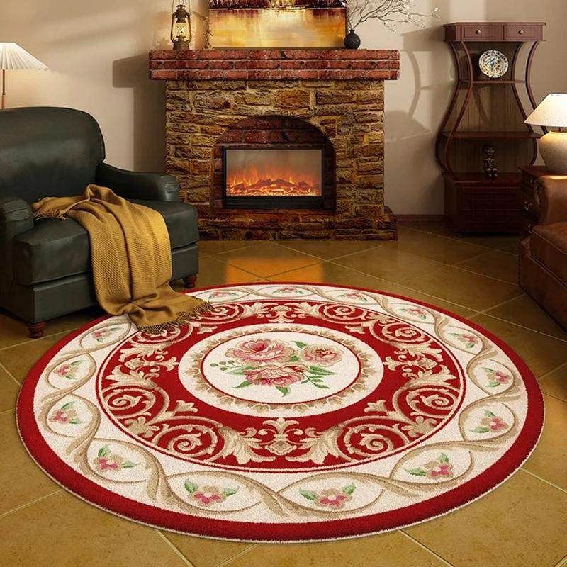 Runder Teppich mit vintage floralen und geschwungenen Mustern in mehreren Farben, eleganter europäischer Stil, weiche, langlebige Bodendekoration