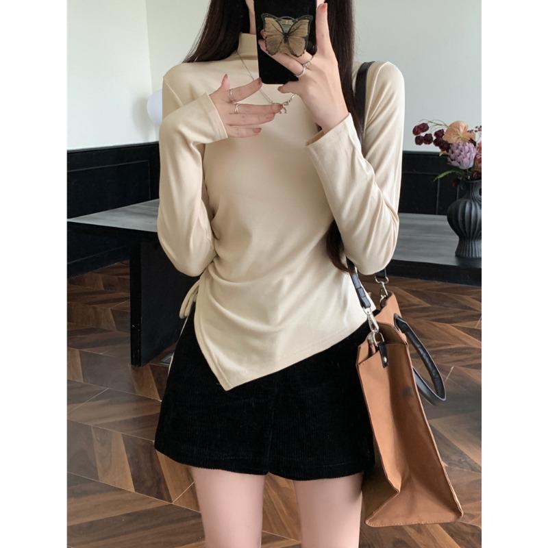 Real Shot Spice Girl Drawstring Waist Hem Long-sleeved T-shirt Women's Season Slim Korean Version Semi-turtleneck