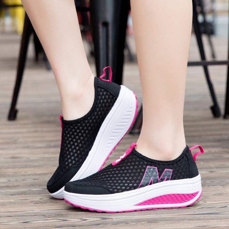 Sneakers for Women Summer Wedge Rocking Shoes Breathable Mesh Casual Shoes Thick Soled Women's Shoes Slip on Lazy Shoes