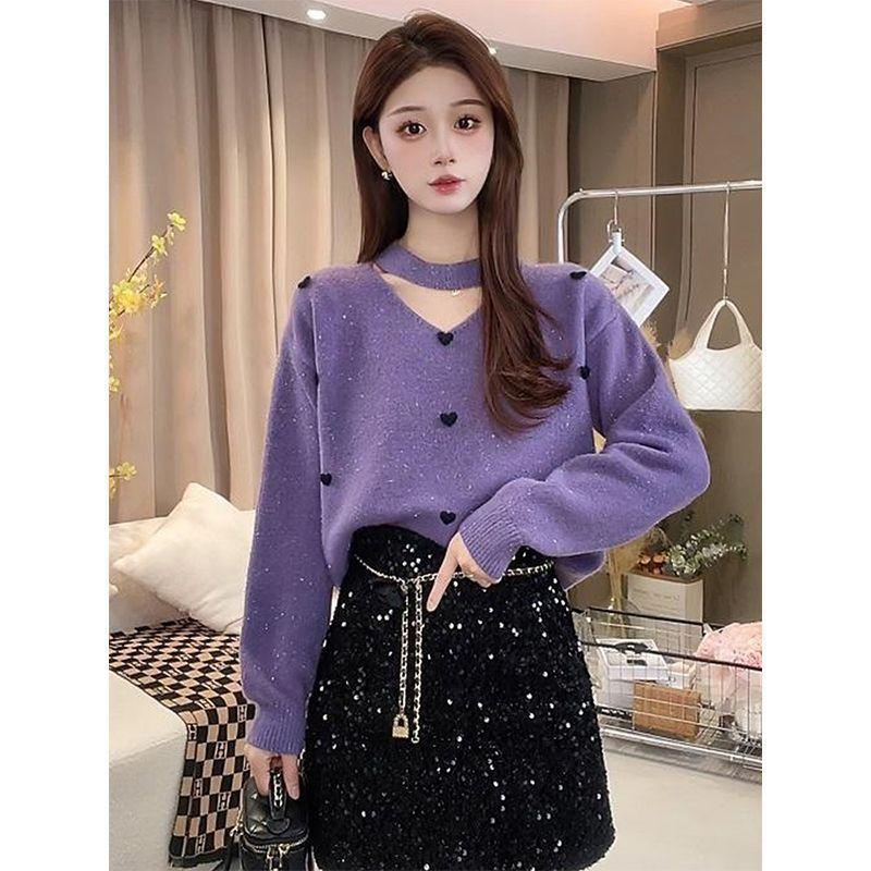 V-neck Hanging Neck Loose Sweater Women's Autumn and Winter Knitted Sweater Top