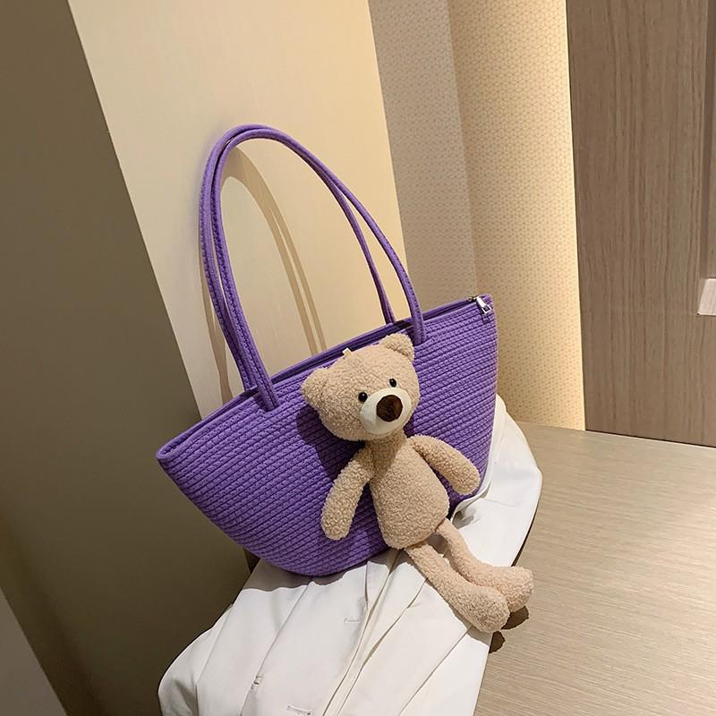 

Woven Bag Large Capacity Ethnic Style Plush Bear Ins Cute Straw Single Shoulder Dumpling Female фиолетовый
