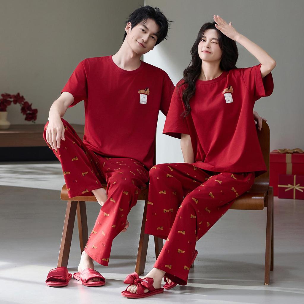7A Antibakteriöse Baumwoll-Paar-Pyjamas - Rot, Bequem, Kurzarm, Lange Hose für Sommerhochzeiten