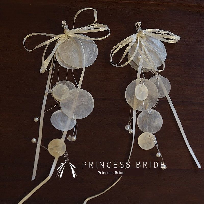 

Princess 2025 New Fashion Mother Shell round Piece Bridal Earrings Pendant Sweet Bow Ribbon Ear Clip Accessories Pair of round Bows tassel earring clip