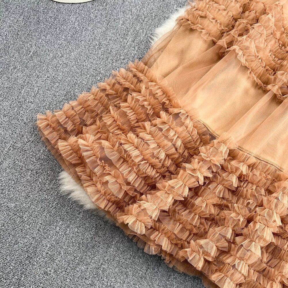 Summer High Waist Thin Multi-Layer Wooden Ear Side Puffy Cake Dress Elastic Waist Medium And Long Mesh A-Shaped Dress Female