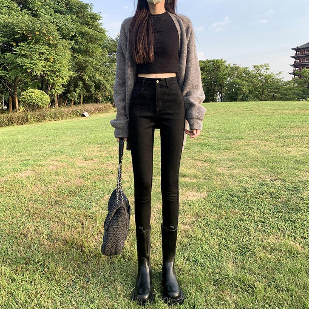 

Commuter casual high-waisted jeans women s spring and summer new tight and thin fashion versatile slim-fitting small feet trousers 32 чёрный