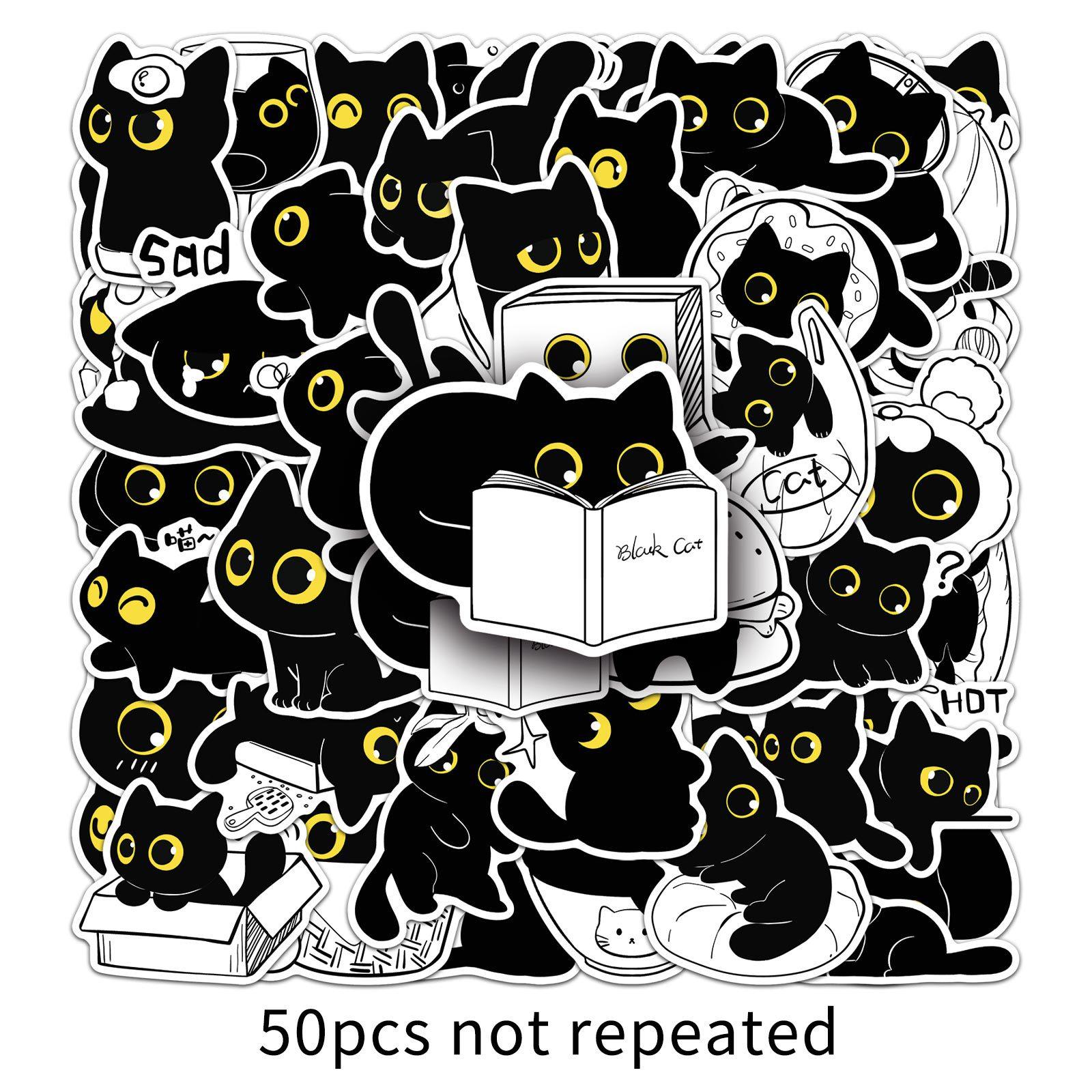 

50 Waterproof Original Black Cat Daily Cartoon Adorable Animal Hand-Drawn Decorative Water Cup Tablet Toy Stickers set of 50pcs