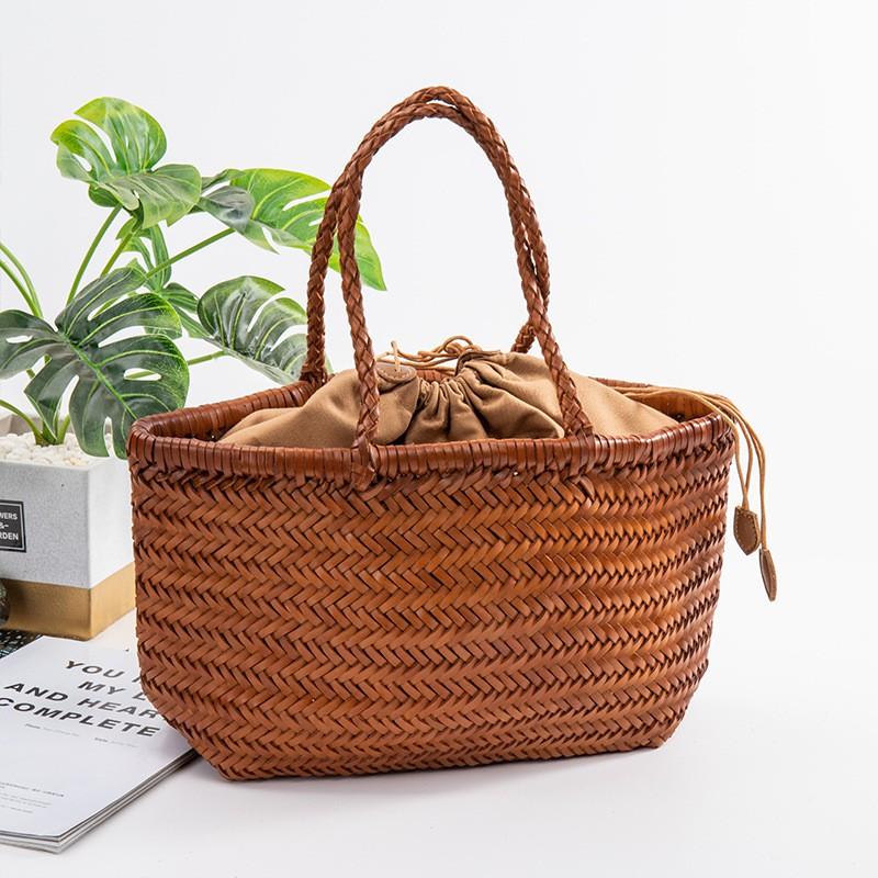 Womens Genuine Leather Woven Tote Bag Handmade French Basket Style Soft Cowhide Shoulder Vintage Design