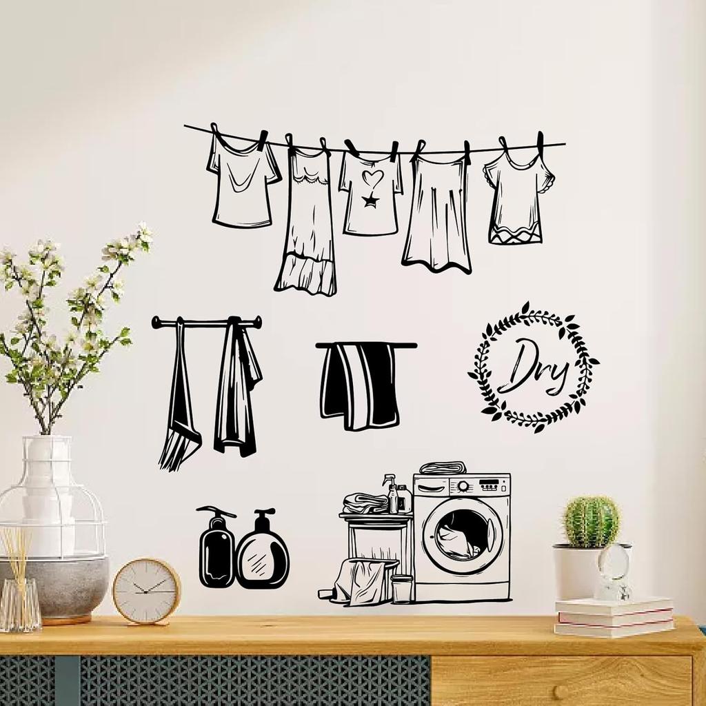 CREATCABIN 4Pcs Laundry Room Wall Stickers PVC Wall Stickers Black Murals Laundry Wall Decoration Decals Waterproof Self Adhesive Stickers Home Decor