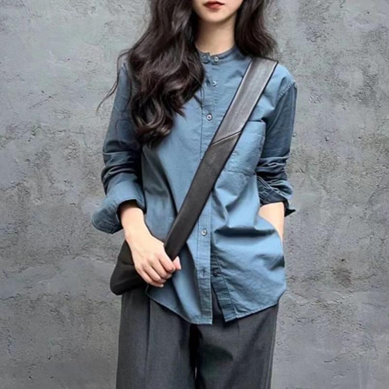 

Модная рубашка свободного кроя с длинными рукавами в ленивом стиле для женщин на осень, универсальная, приталенная и многослойная, профессиональная одежда для ношения под низ. L синий