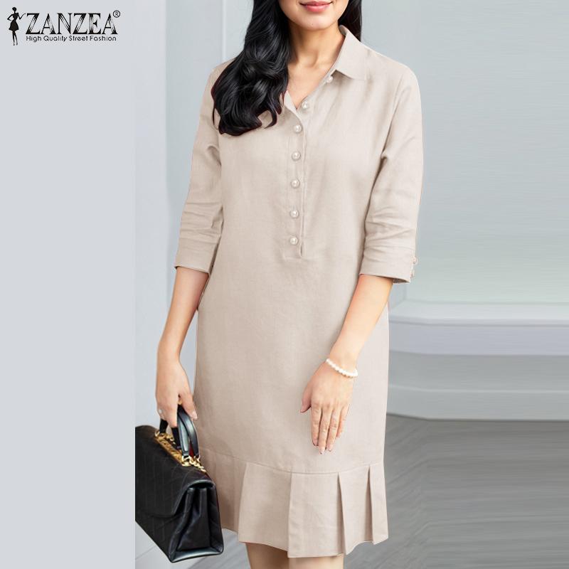 ZANZEA Women Casual Turn Down Collar Loose 3/4 Sleeve Plain Dress
