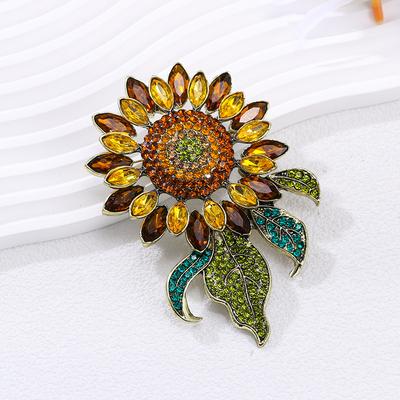 Luxury Vintage Rhinestone Sunflower Exaggerated Brooches Badges For Women Men Retro Classic Design Crystal Accessories Pins