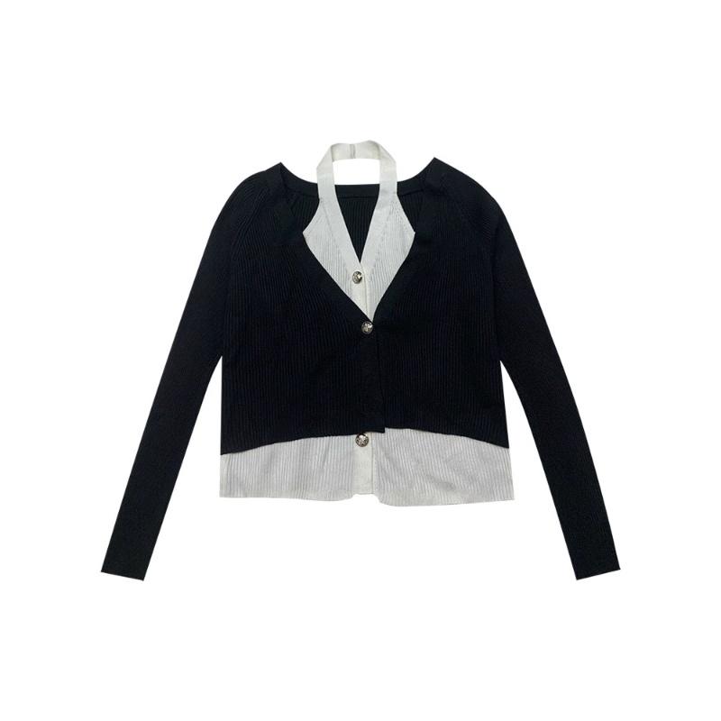 Two Off-the-shoulder Knitted Cardigans for Women's Early Autumn Design, A Unique and Slim Short, Contrasting Color Top