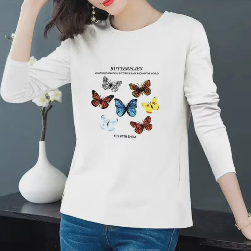 Women's Autumn 2025 Loose-Fit Printed Long-Sleeve T-Shirt - Korean Style for Middle-Aged Women