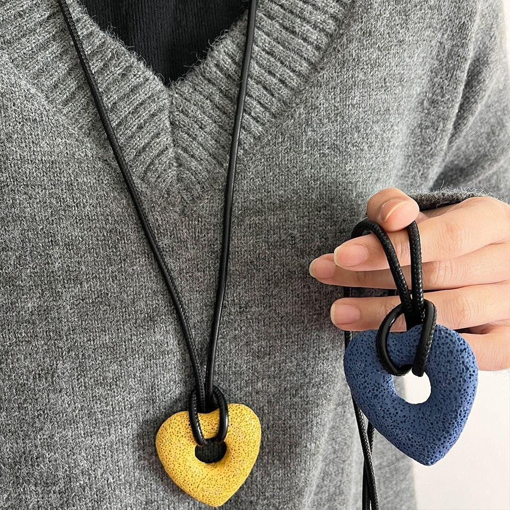 Elegant Volcanic Stone Heart Necklace Ins Personalized Sweater Chain Hollow Stone Pendant Daily