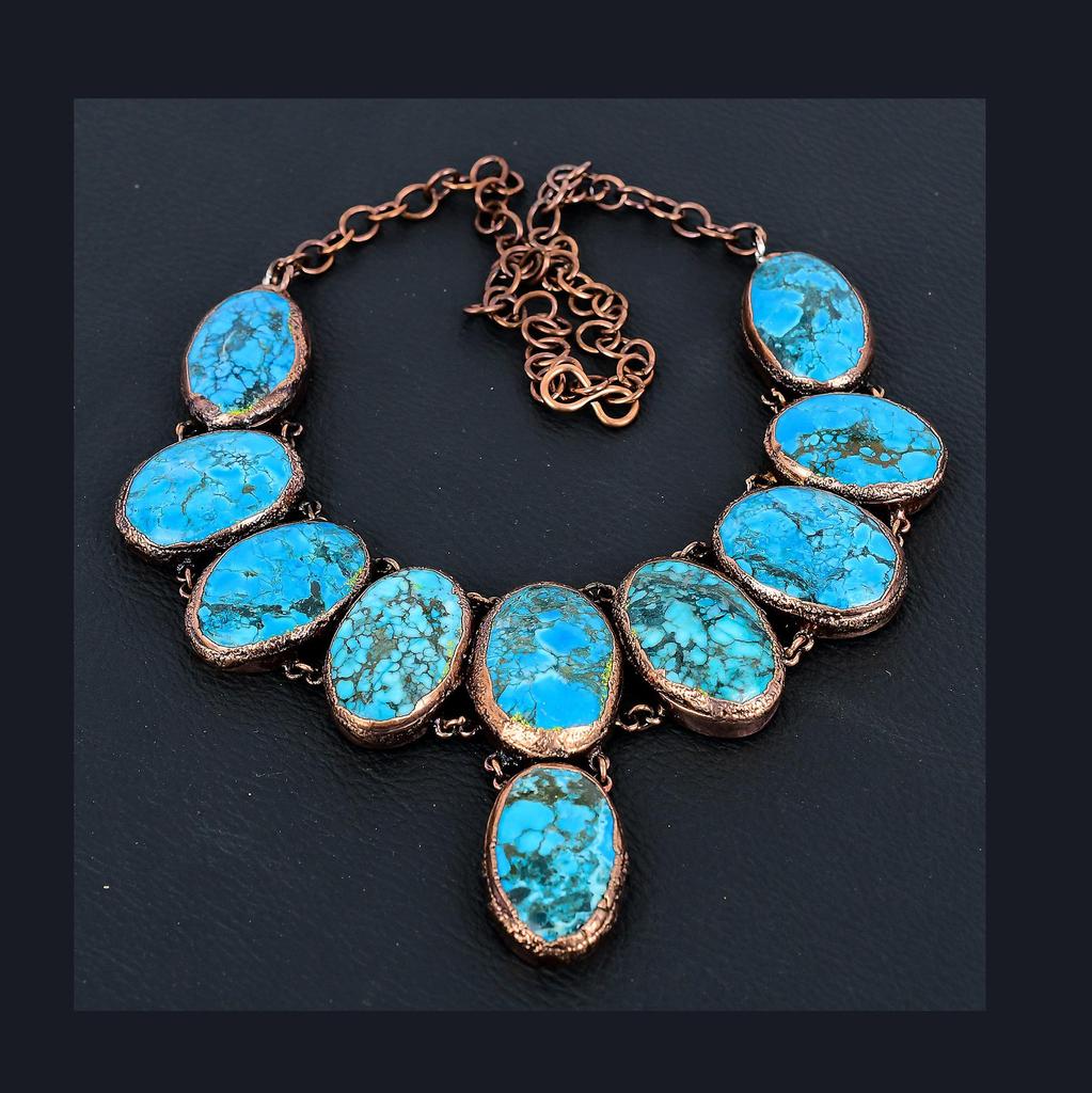 Blue Turquoise Handmade Gemstone Necklace, Copper Electroformed Antique Jewelry Adjustable Chain Necklace, For Engagement Gift