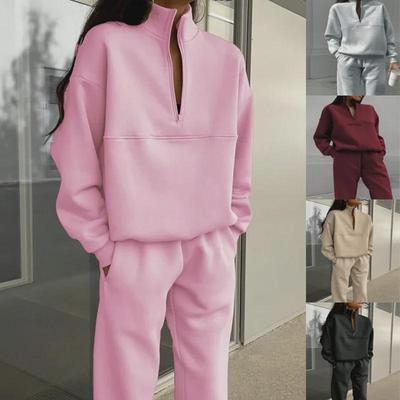 2024 Fall/Winter Zippered Lapel Solid Color Two-Piece Casual Suit: Sweatshirt & Sweatpants