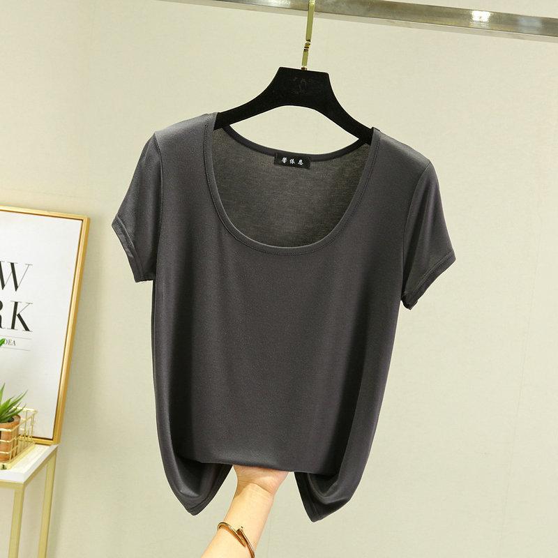 Women's U Neck Short Sleeve T Shirt Loose Fit Commuter Modal Fabric Solid Color Casual Basic Tee For Summer Daily Inner Layering Wear