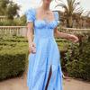 European and American Pastoral Style Sexy Square Collar Lace-up Small Floral Print Slim fit Puff sleeve Temperament High Slit Dress Women