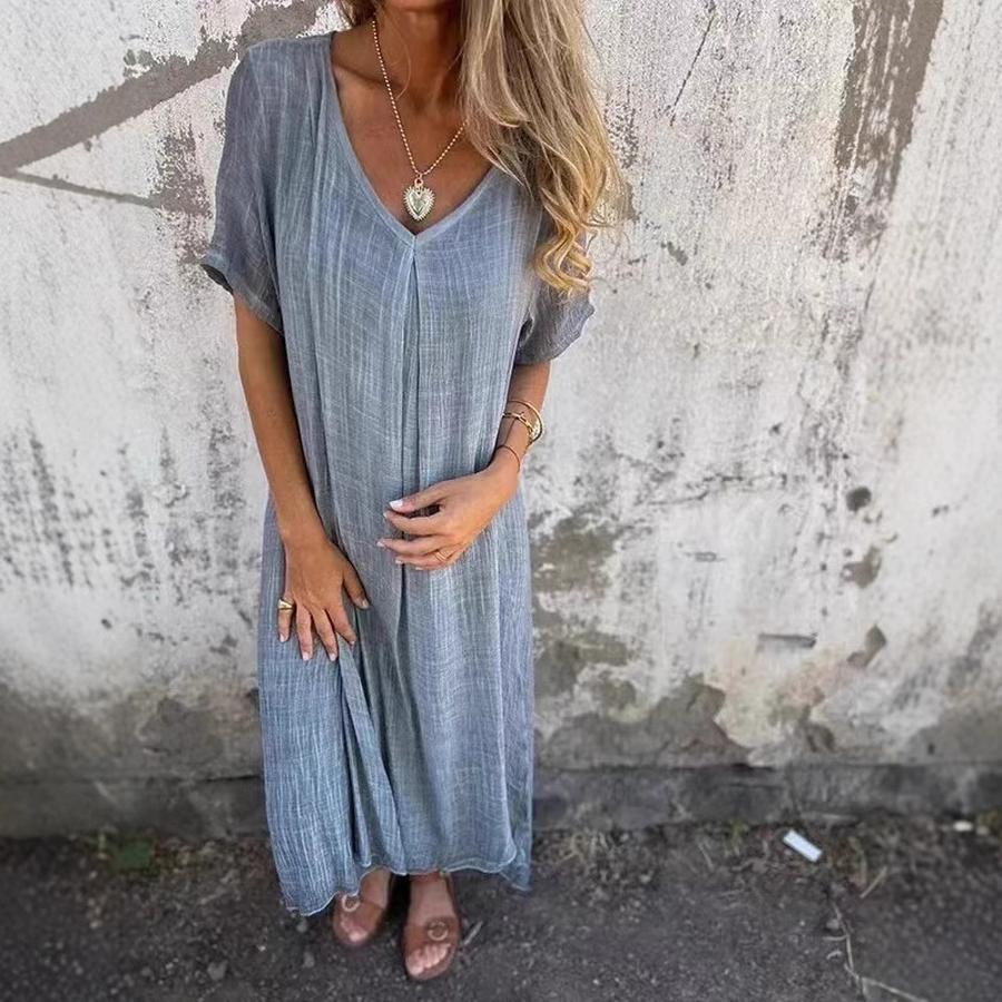 New Fashion Cotton Linen V-Neck Half Formal Dress