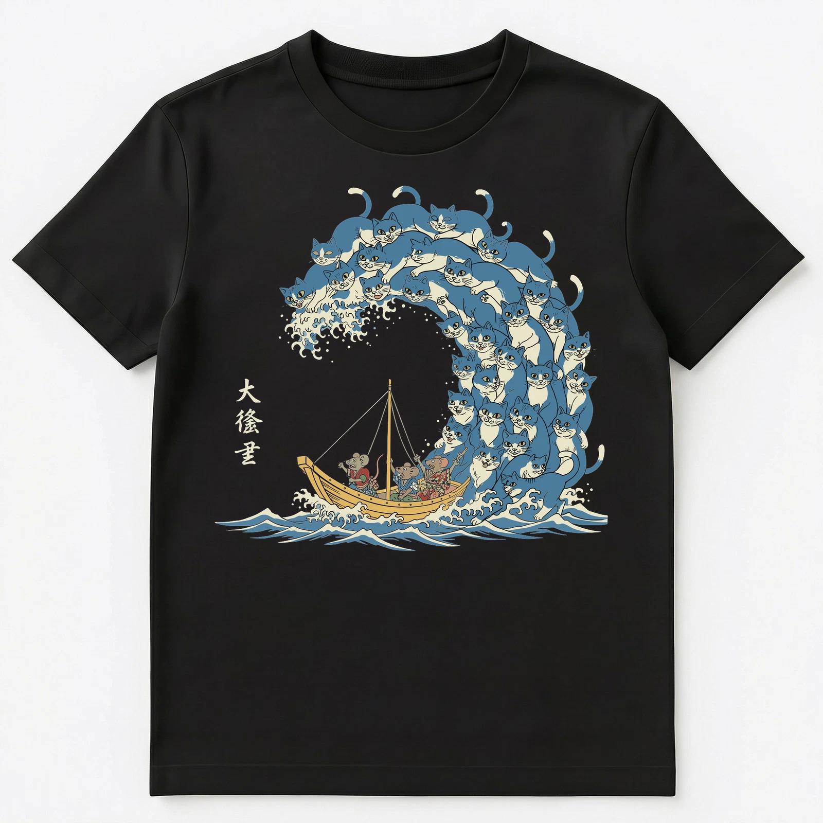 Japanese Cat Wave Art Mice On Boat Unisex T-Shirt M