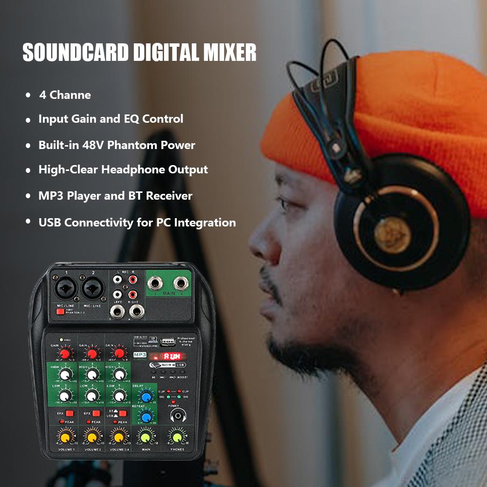 Professional Audio Mixer 4 Channel Digital USB BT MP3 Computer Input 48V Phantom Power Stereo Portable Sound Mixing