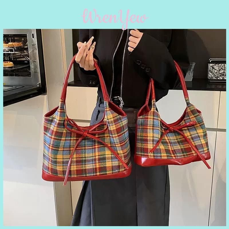 Fashion Butterfly Bow Decoration Checkered Pattern Women Shoulder Bag For Daily Casual Women