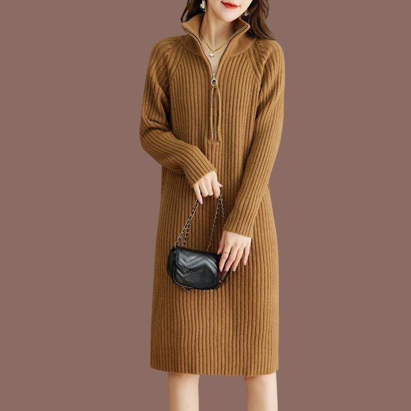 Mid-length Half-zipper Loose Casual Long-sleeve Stand Collar Knitted Dress Sweater