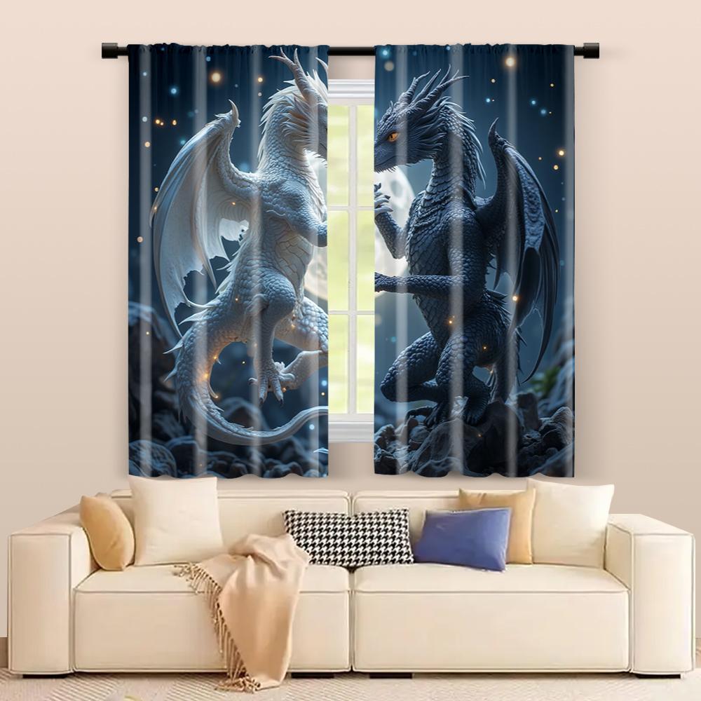 2 Pcs, Filtering Curtains (excluding Rods, Non-movable, Without Batteries) Yin Yang Dragons for Use In Bedrooms and Living Rooms
