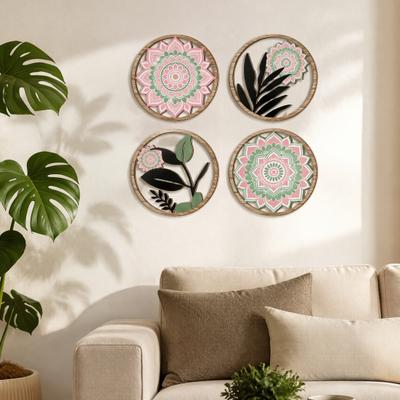 Décoration Murale Intérieure Élégante pour la Maison, Lot de 4 Pièces Décor Bohème, Floral Rond en Bois Géométrique Léger Set d'Art, Ornements Suspendus Esthétique Ferme
